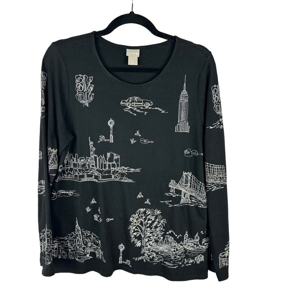 Chico's Embroidered Scenic Long Sleeve Cotton Modal Tee Medium Black - Picture 3 of 14